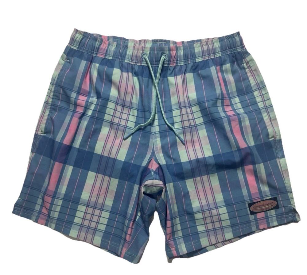 Vineyard Vines Boys XS Chappy Trunks Blue Pink Plaid Swim Shorts